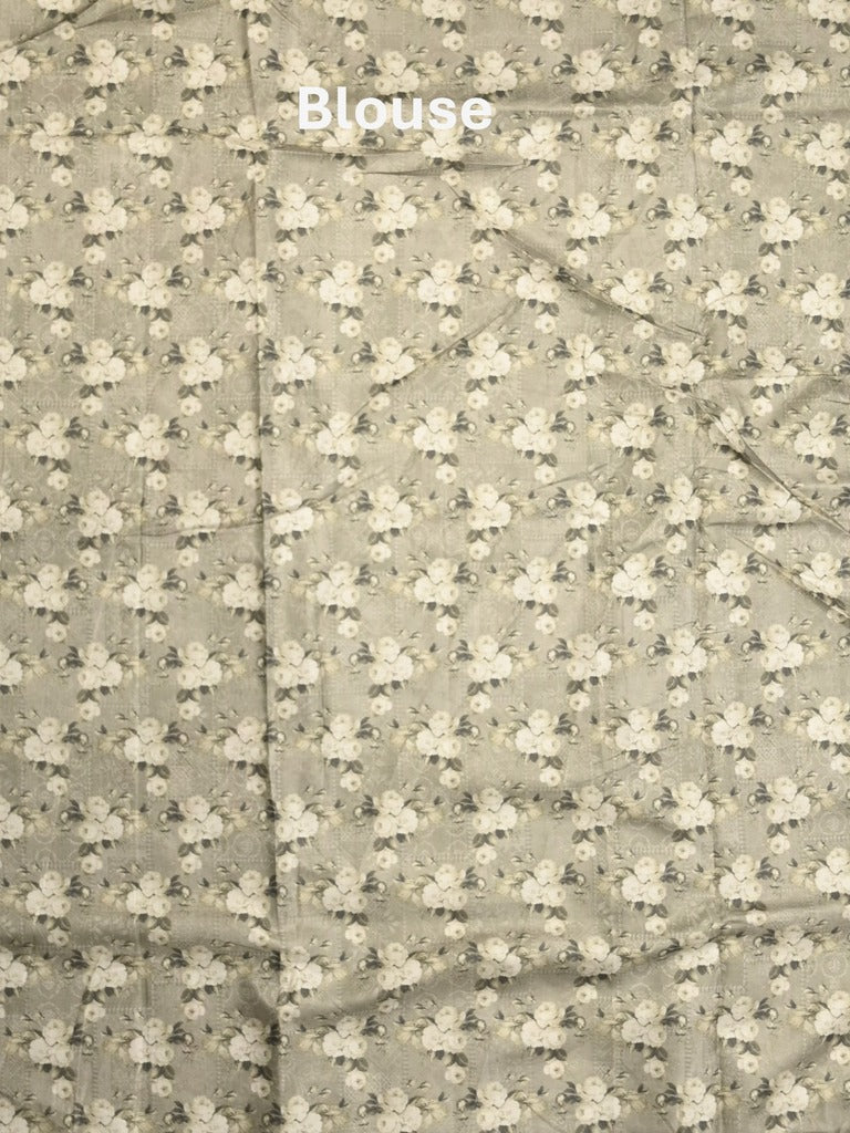 Organza fancy saree light grey color allover prints & embroidery border with running pallu and printed blouse