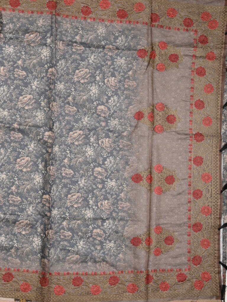 Organza fancy saree black and grey color allover prints & embroidery border with running pallu and printed blouse