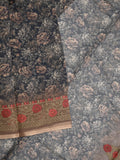 Organza fancy saree black and grey color allover prints & embroidery border with running pallu and printed blouse