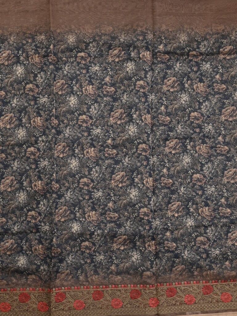 Organza fancy saree black and grey color allover prints & embroidery border with running pallu and printed blouse