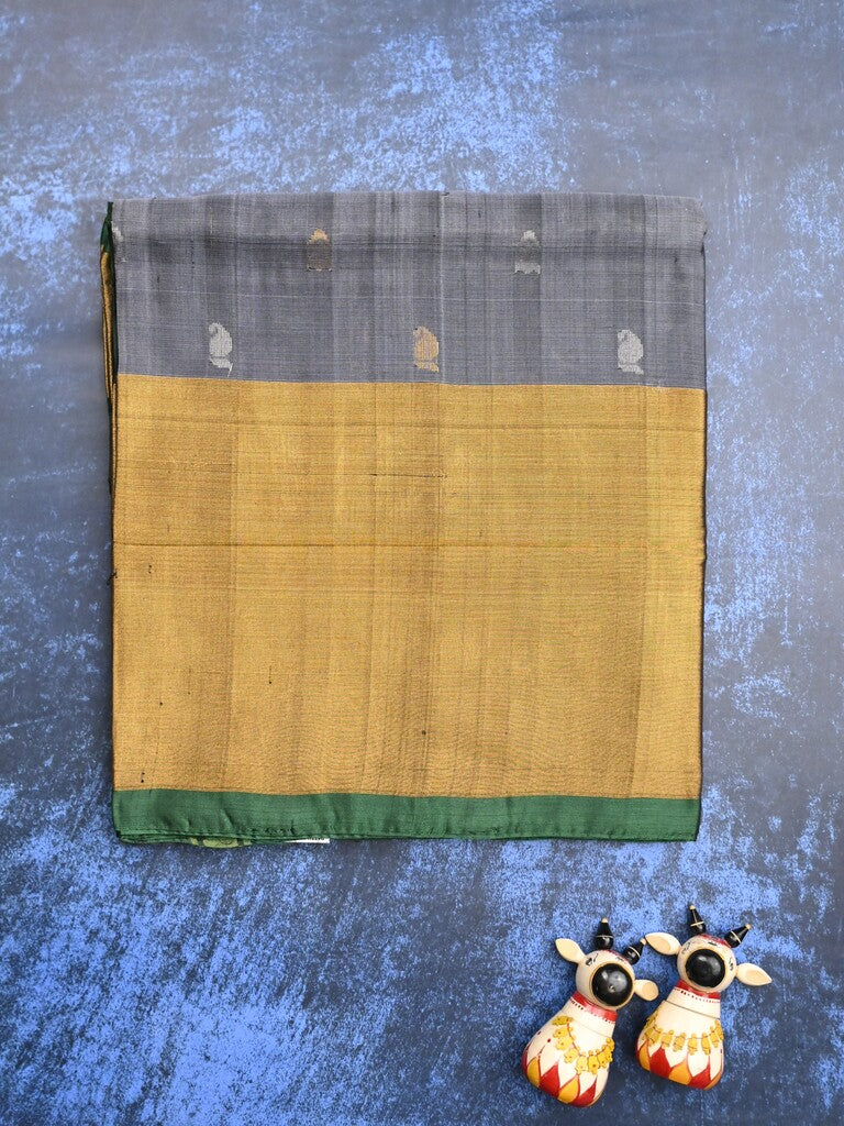 Uppada pattu saree grey color allover zari motifs & long kaddi border with contrast pallu and contrast blouse