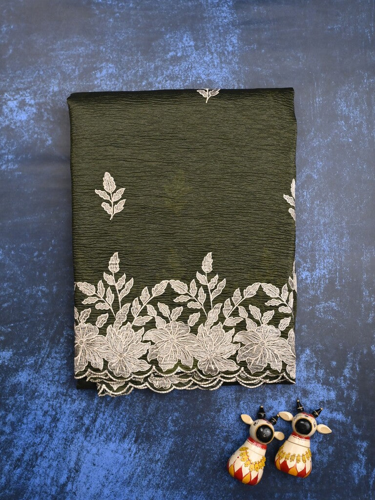 Organza crush fancy saree olive green color allover embroidery & embroidery border with running pallu and plain blouse