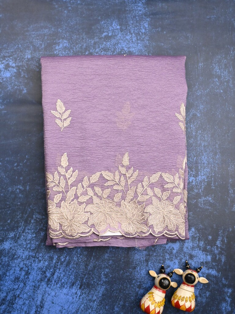 Organza crush fancy saree lavender color allover embroidery & embroidery border with running pallu and plain blouse