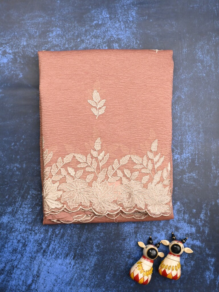 Organza crush fancy saree peach color allover embroidery & embroidery border with running pallu and plain blouse