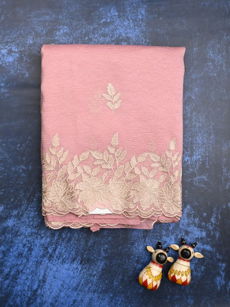 Organza crush fancy saree baby pink color allover embroidery & embroidery border with running pallu and plain blouse