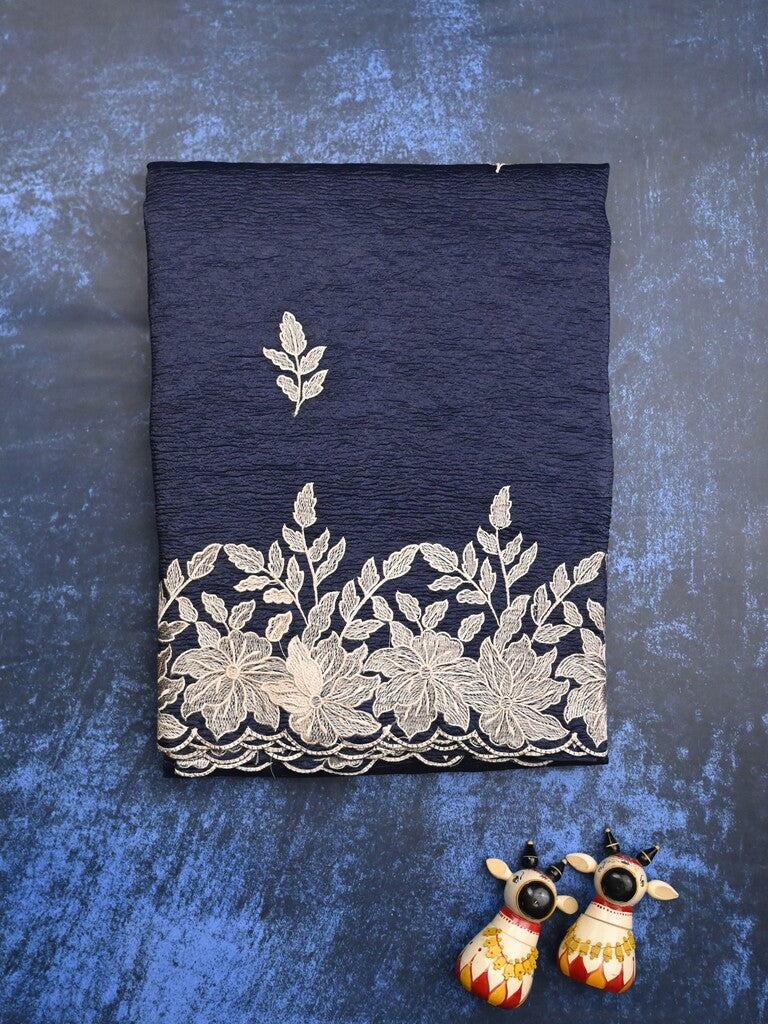 Organza crush fancy saree navy blue color allover embroidery & embroidery border with running pallu and plain blouse
