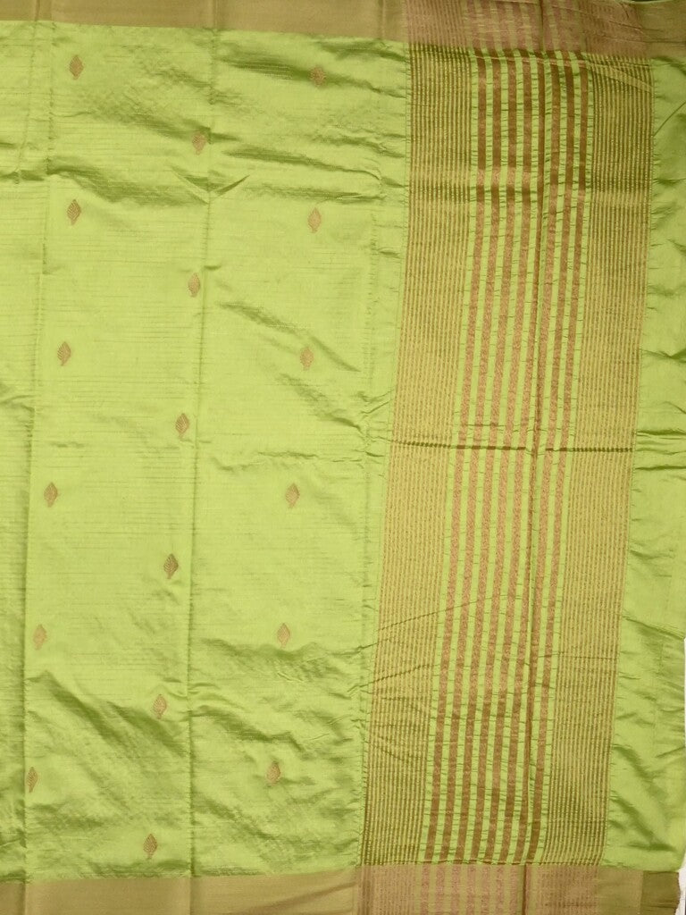 Dupion fancy saree lime green color allover zari motifs & zari border with zari pallu and plain blouse
