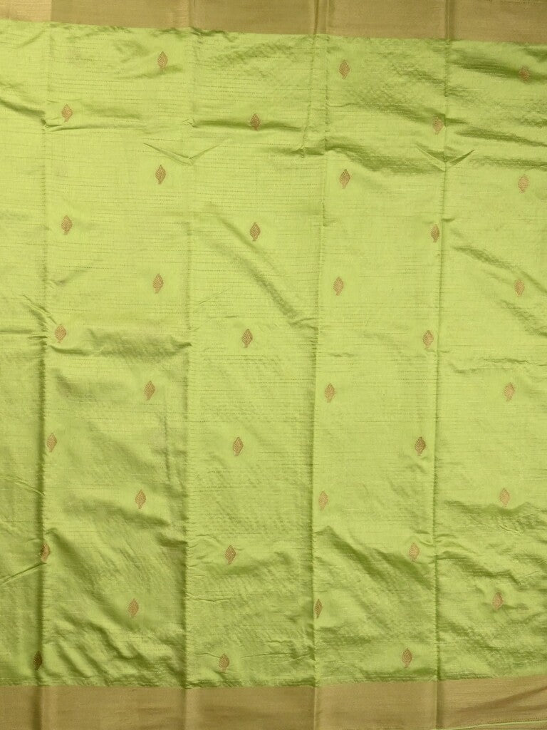 Dupion fancy saree lime green color allover zari motifs & zari border with zari pallu and plain blouse