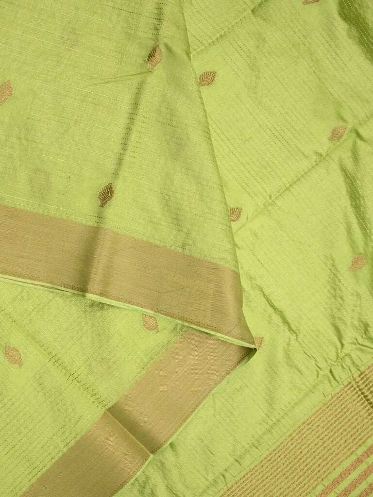 Dupion fancy saree lime green color allover zari motifs & zari border with zari pallu and plain blouse