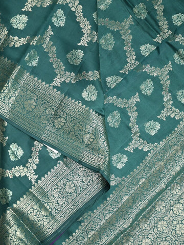 Raw mango pattu saree peacock green color allover zari weaves & zari border with zari pallu and plain blouse