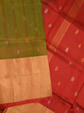 Uppada pattu saree olive green color allover zari motifs & long kaddi border with contrast pallu and contrast blouse