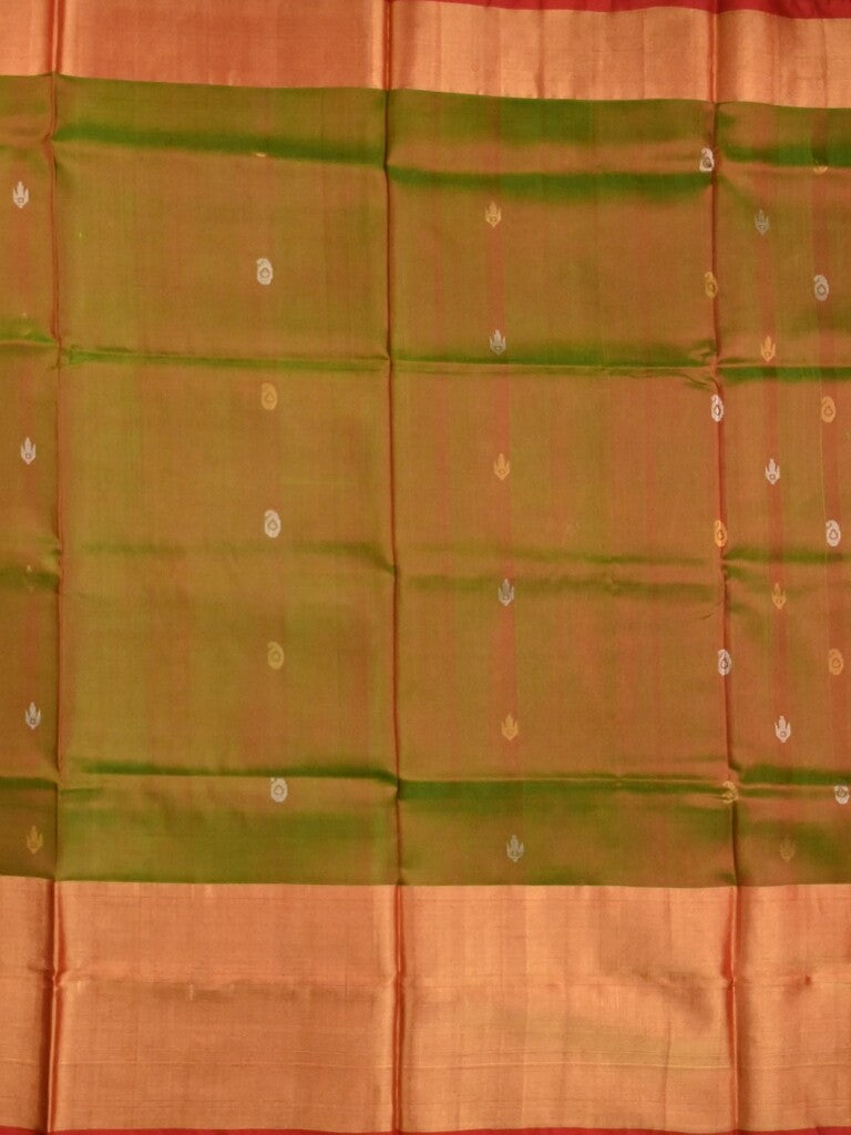 Uppada pattu saree olive green color allover zari motifs & long kaddi border with contrast pallu and contrast blouse
