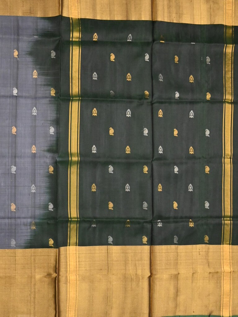 Uppada pattu saree grey color allover zari motifs & long kaddi border with contrast pallu and contrast blouse