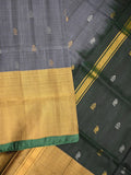Uppada pattu saree grey color allover zari motifs & long kaddi border with contrast pallu and contrast blouse