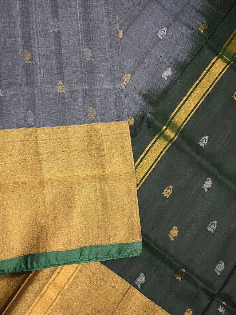 Uppada pattu saree grey color allover zari motifs & long kaddi border with contrast pallu and contrast blouse