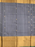Uppada pattu saree grey color allover zari motifs & long kaddi border with contrast pallu and contrast blouse