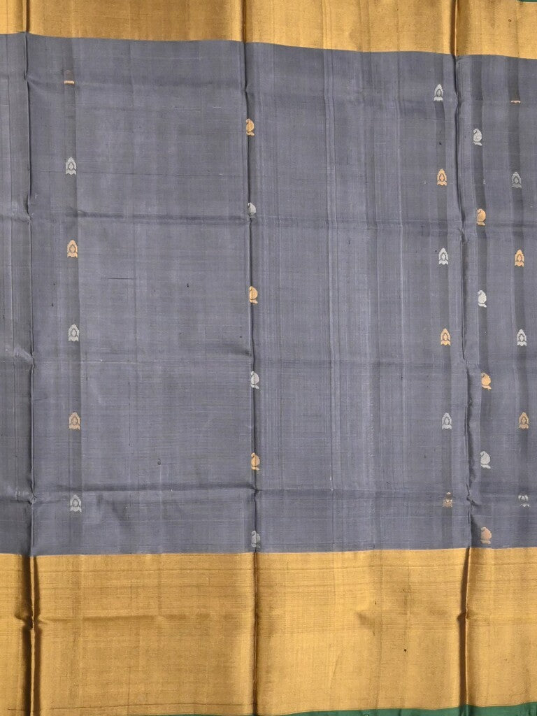 Uppada pattu saree grey color allover zari motifs & long kaddi border with contrast pallu and contrast blouse