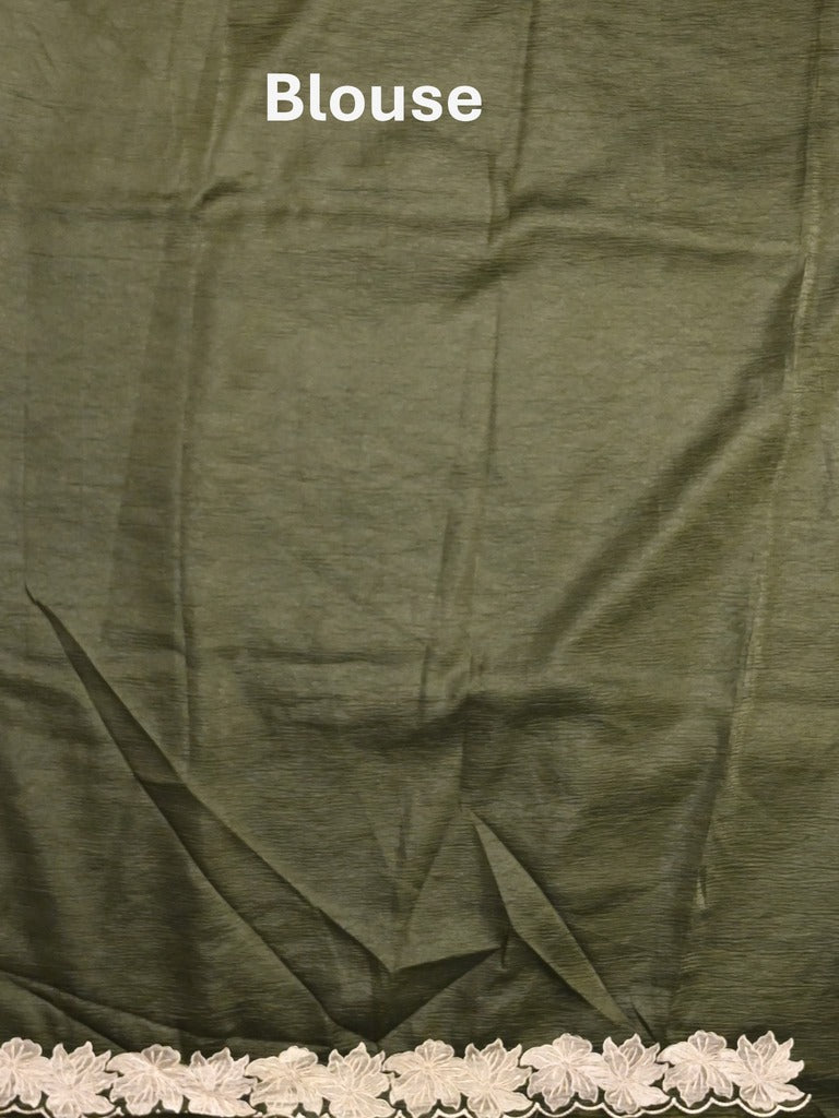 Organza crush fancy saree olive green color allover embroidery & embroidery border with running pallu and plain blouse