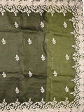 Organza crush fancy saree olive green color allover embroidery & embroidery border with running pallu and plain blouse