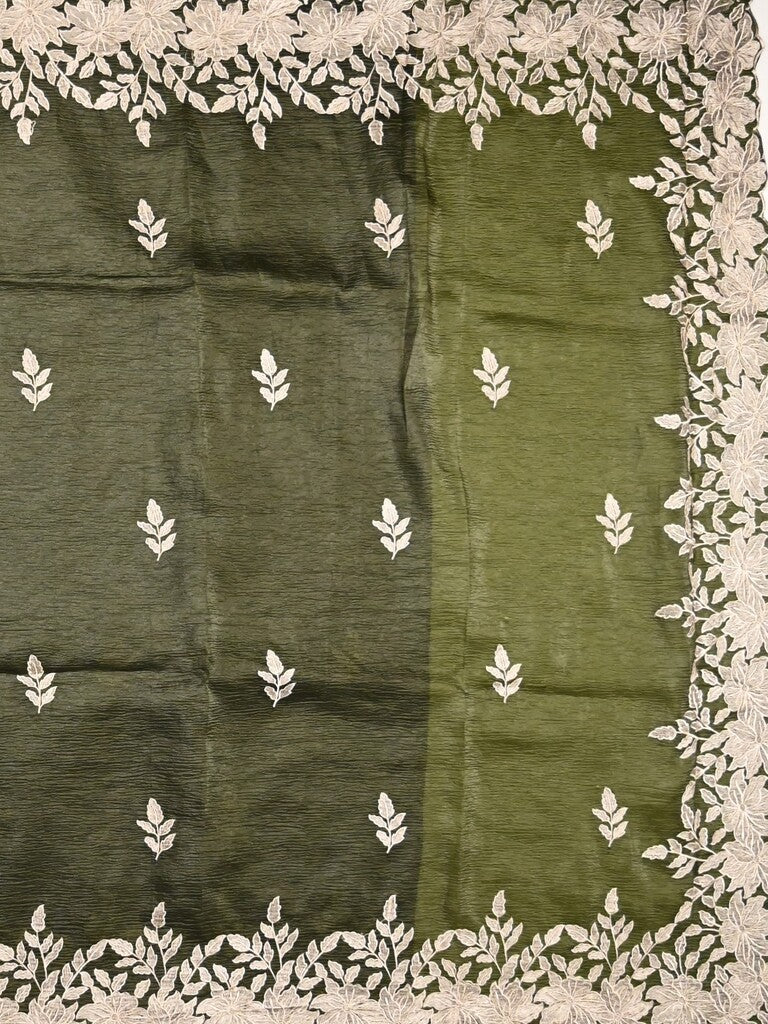 Organza crush fancy saree olive green color allover embroidery & embroidery border with running pallu and plain blouse