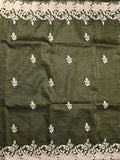 Organza crush fancy saree olive green color allover embroidery & embroidery border with running pallu and plain blouse