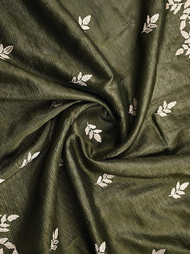 Organza crush fancy saree olive green color allover embroidery & embroidery border with running pallu and plain blouse