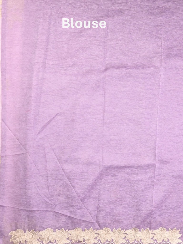 Organza crush fancy saree lavender color allover embroidery & embroidery border with running pallu and plain blouse