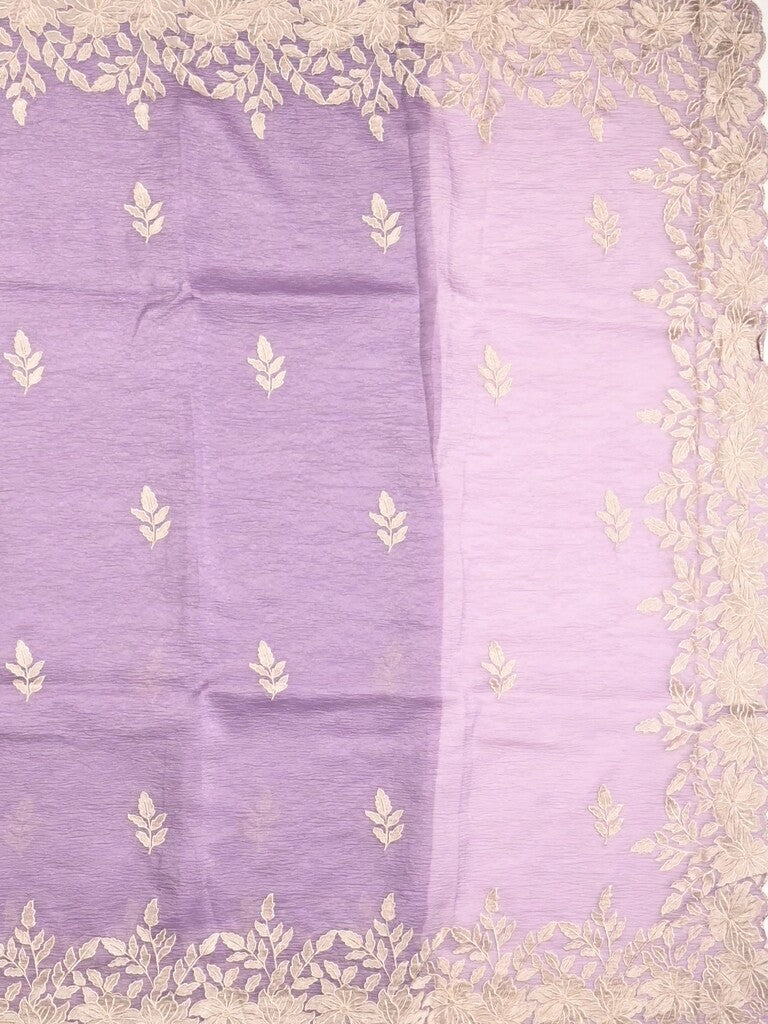 Organza crush fancy saree lavender color allover embroidery & embroidery border with running pallu and plain blouse
