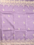 Organza crush fancy saree lavender color allover embroidery & embroidery border with running pallu and plain blouse