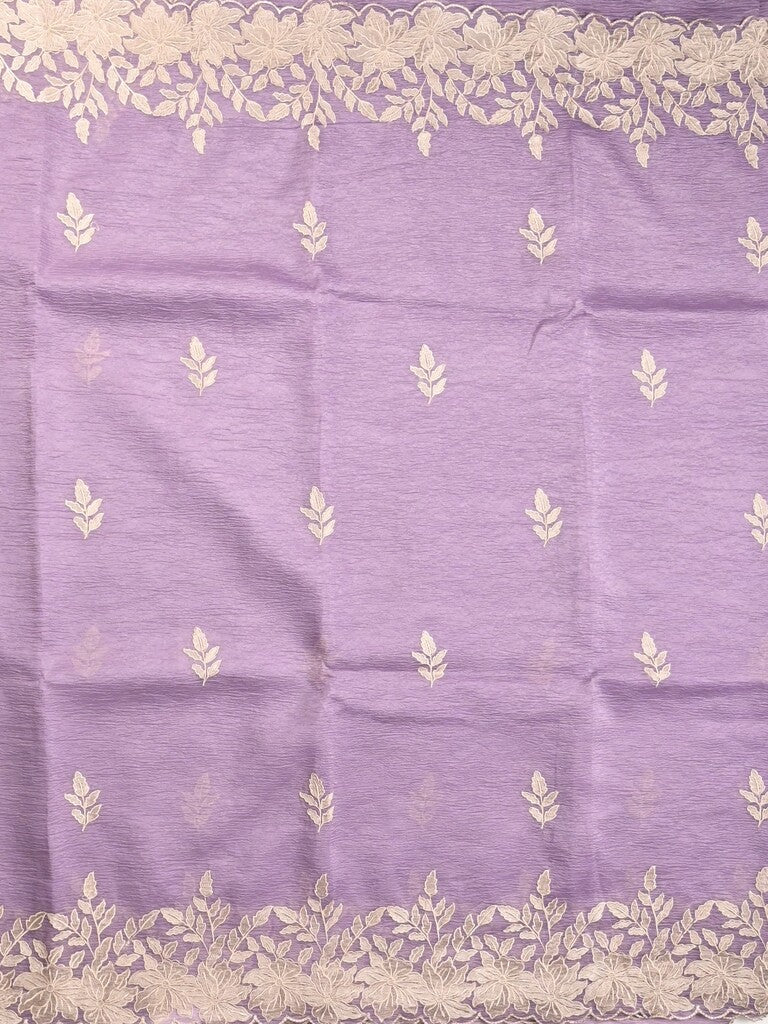 Organza crush fancy saree lavender color allover embroidery & embroidery border with running pallu and plain blouse