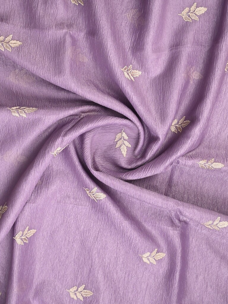 Organza crush fancy saree lavender color allover embroidery & embroidery border with running pallu and plain blouse