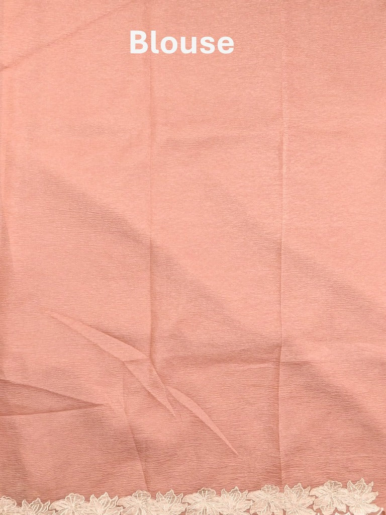 Organza crush fancy saree peach color allover embroidery & embroidery border with running pallu and plain blouse