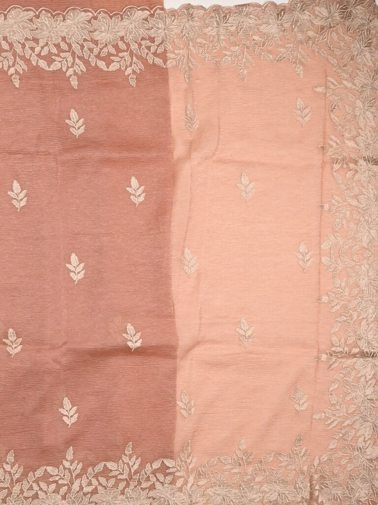 Organza crush fancy saree peach color allover embroidery & embroidery border with running pallu and plain blouse