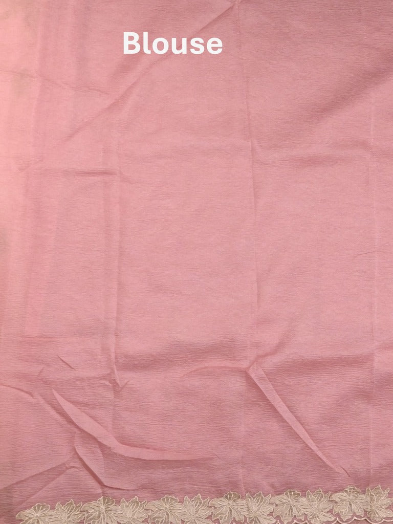 Organza crush fancy saree baby pink color allover embroidery & embroidery border with running pallu and plain blouse