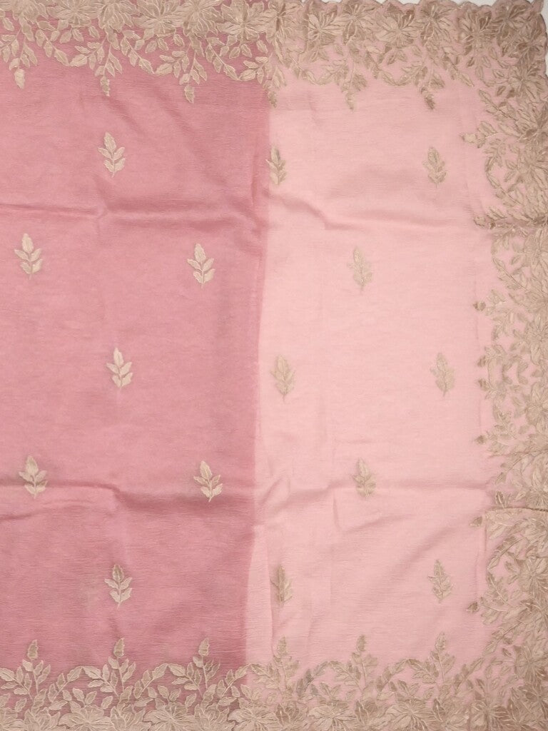 Organza crush fancy saree baby pink color allover embroidery & embroidery border with running pallu and plain blouse