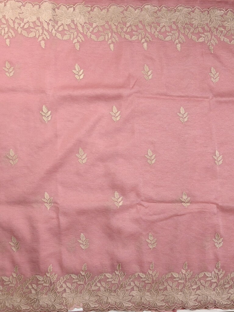 Organza crush fancy saree baby pink color allover embroidery & embroidery border with running pallu and plain blouse