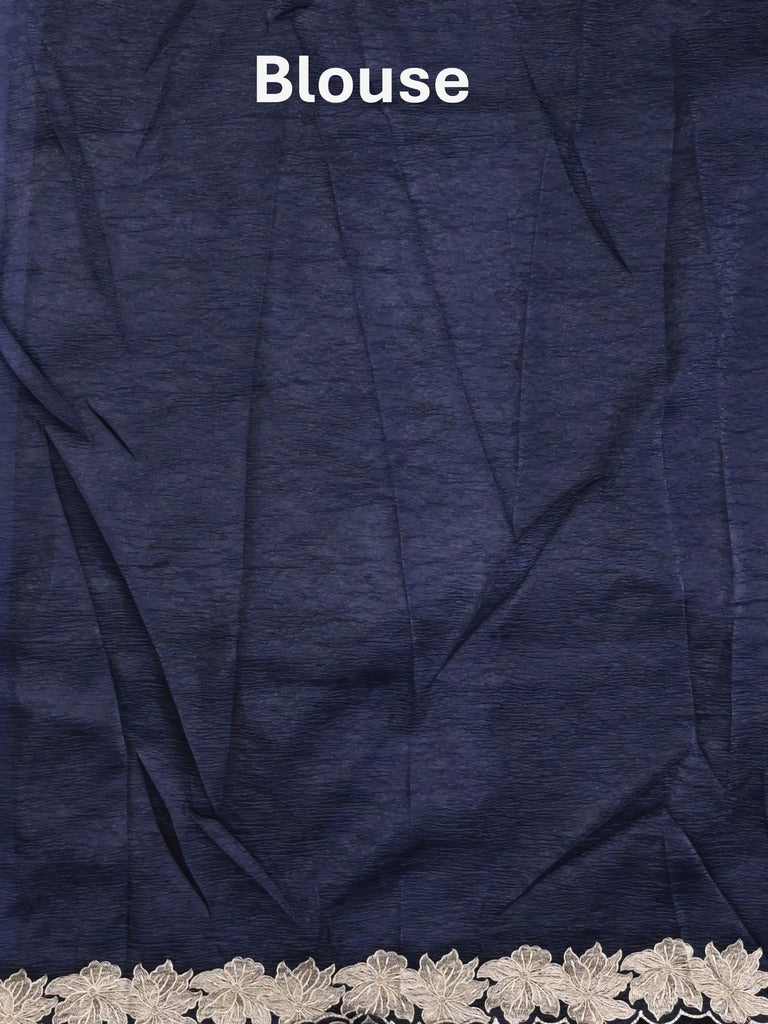 Organza crush fancy saree navy blue color allover embroidery & embroidery border with running pallu and plain blouse