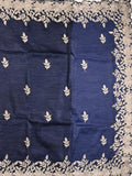 Organza crush fancy saree navy blue color allover embroidery & embroidery border with running pallu and plain blouse