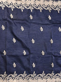Organza crush fancy saree navy blue color allover embroidery & embroidery border with running pallu and plain blouse