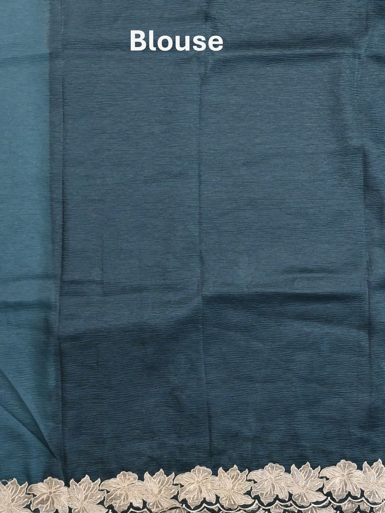 Organza crush fancy saree dark blue color allover embroidery & embroidery border with running pallu and plain blouse