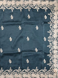 Organza crush fancy saree dark blue color allover embroidery & embroidery border with running pallu and plain blouse