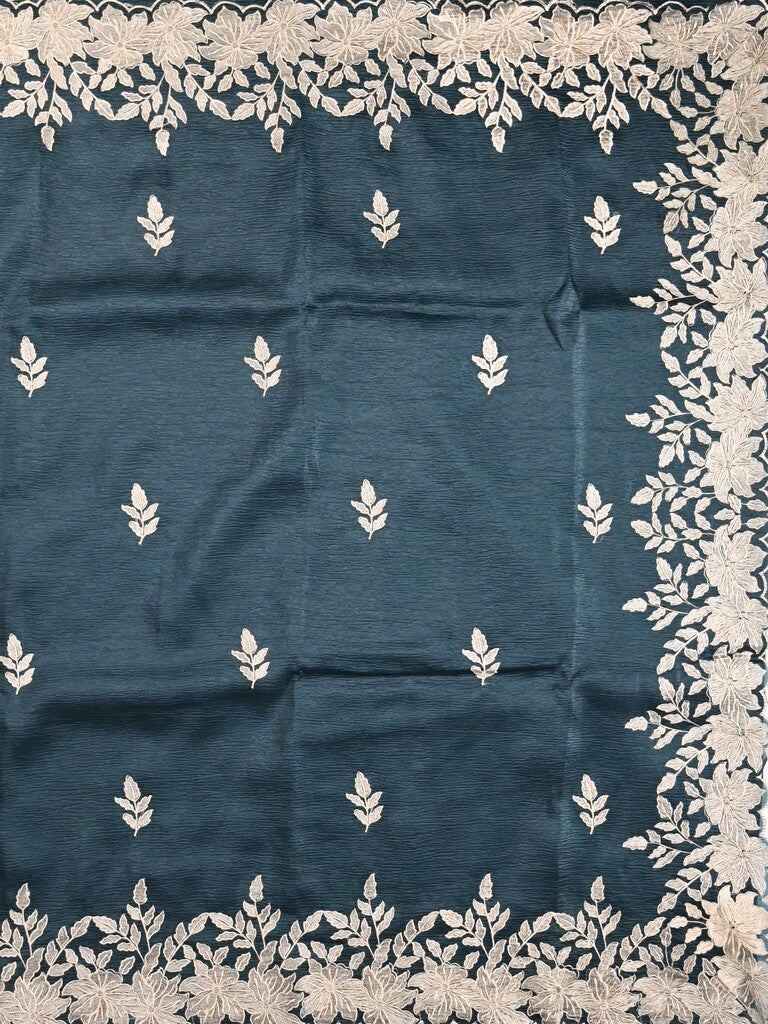 Organza crush fancy saree dark blue color allover embroidery & embroidery border with running pallu and plain blouse