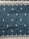 Organza crush fancy saree dark blue color allover embroidery & embroidery border with running pallu and plain blouse