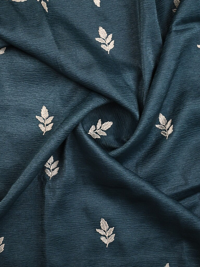 Organza crush fancy saree dark blue color allover embroidery & embroidery border with running pallu and plain blouse