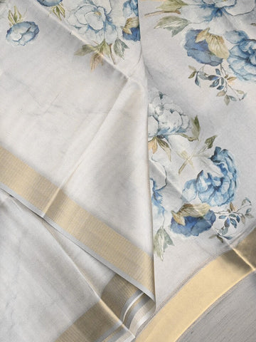 Jute tissue fancy saree light grey color allover prints & small zari border with self pallu and printed blouse