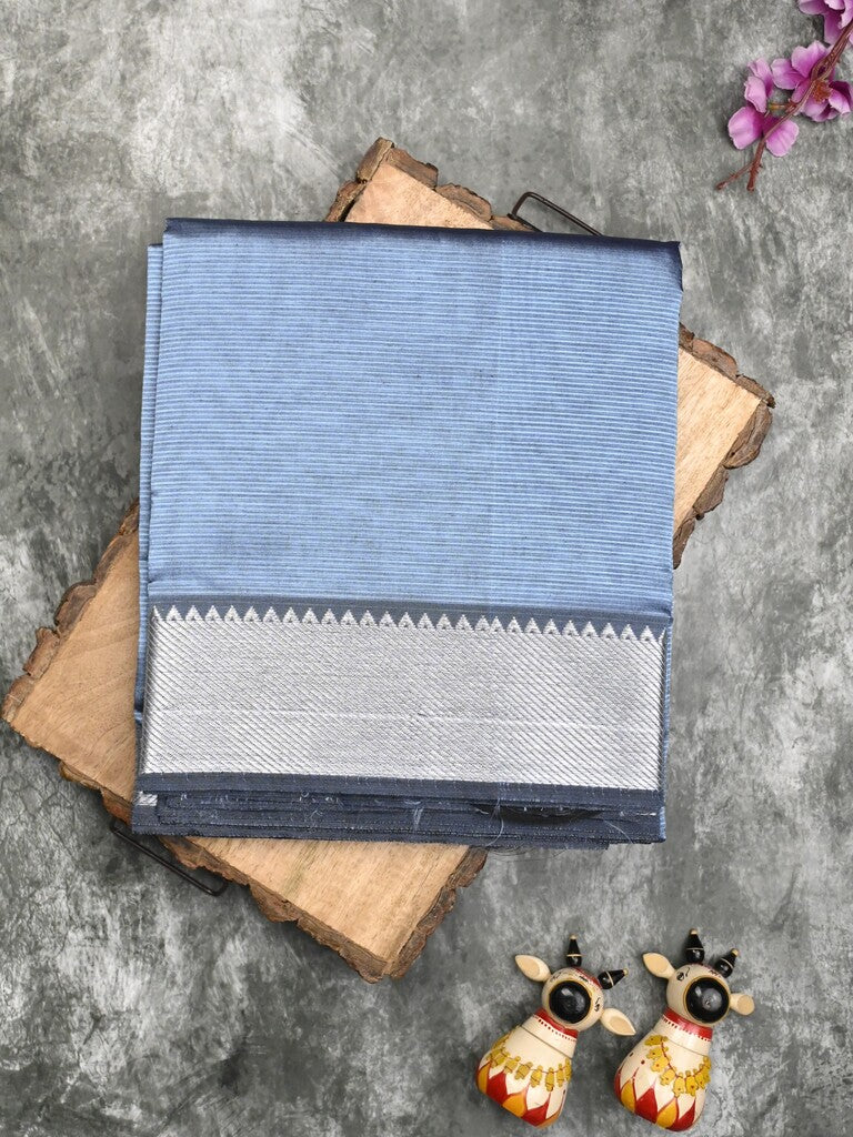 Mangalagiri fancy saree bluish grey color allover plain & small kaddi border with zari pallu and running blouse