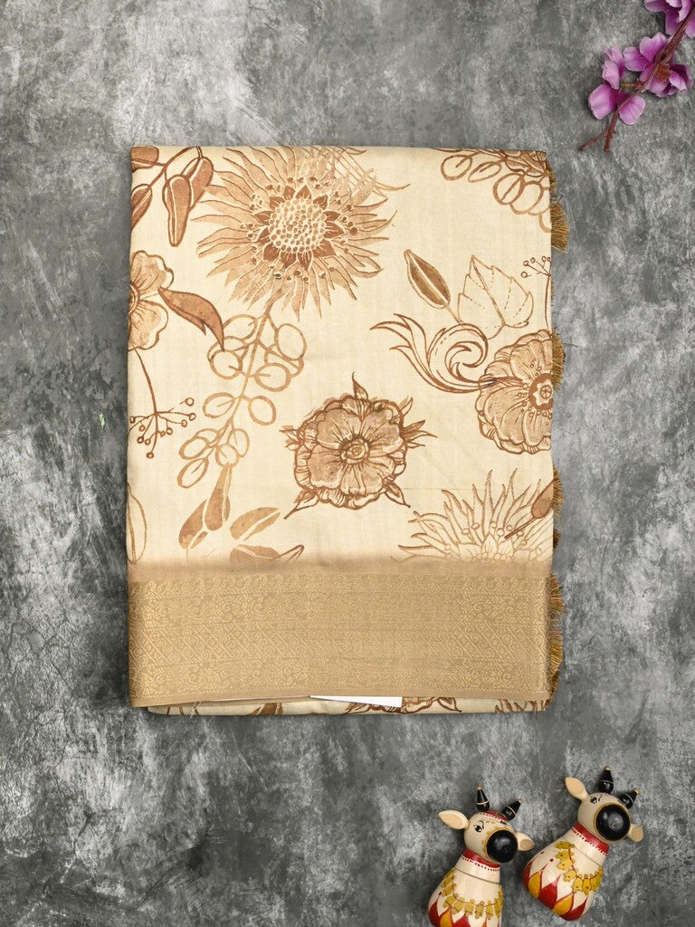 Dola silk fancy saree cream and beige color allover prints & zari border with printed pallu and printed blouse
