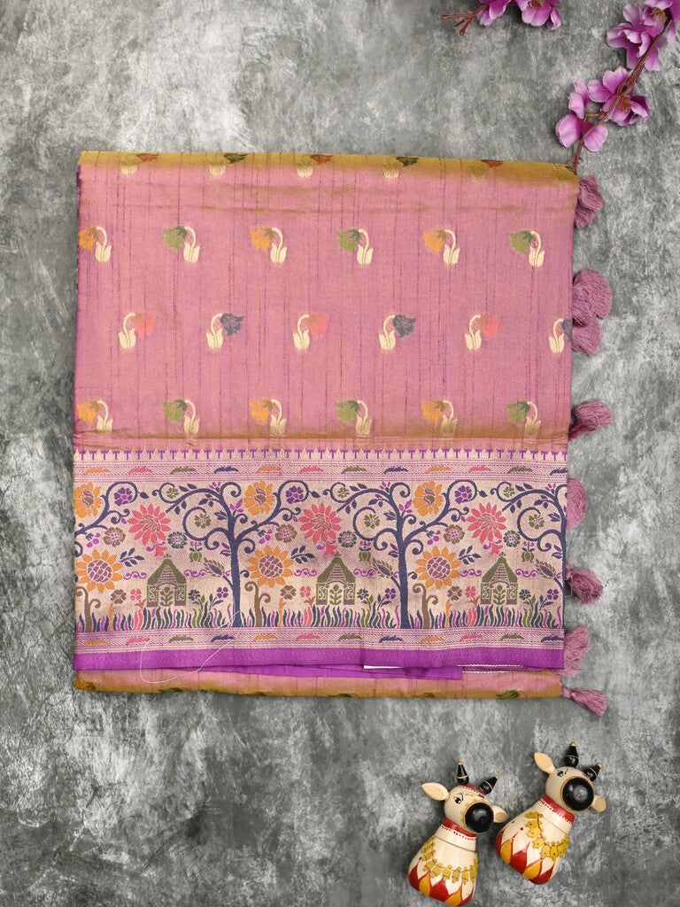 Dupion fancy saree pinkish purple color allover zari motifs & zari border with rich pallu and attached self blouse