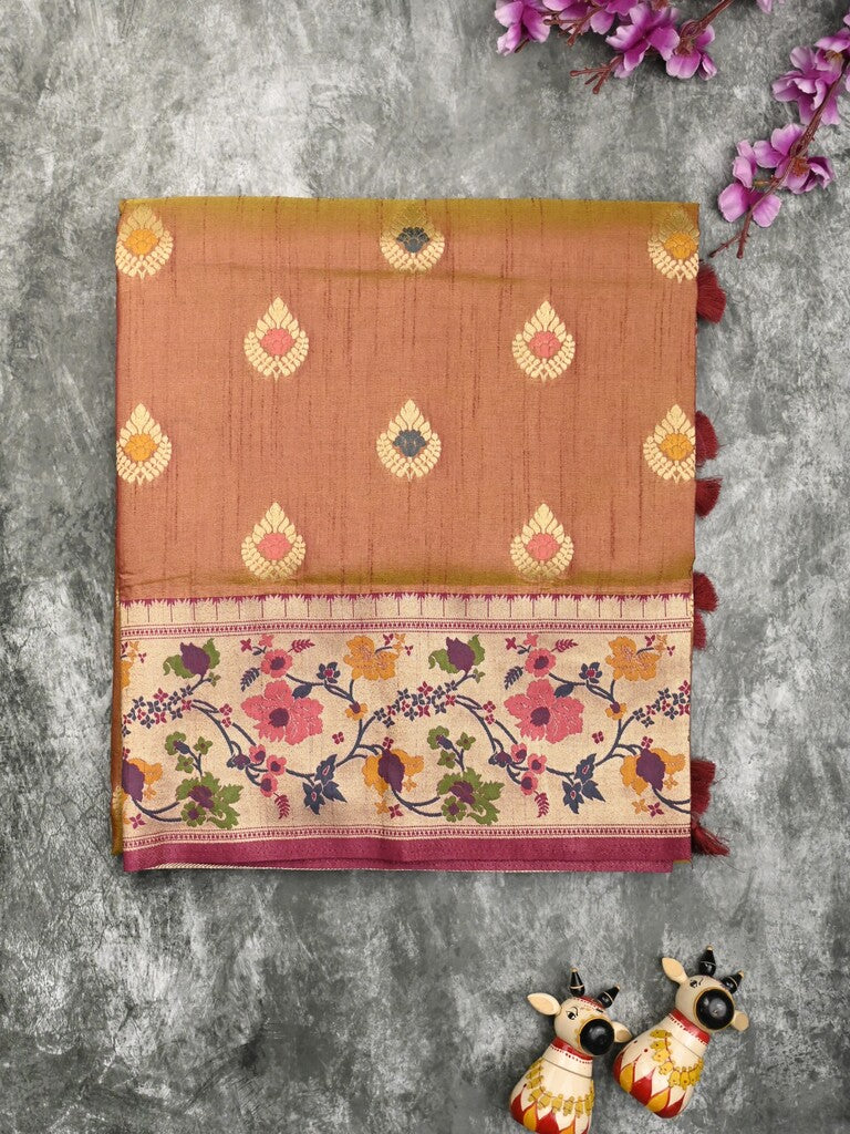 Dupion fancy saree brown color allover zari motifs & zari border with rich pallu and attached self blouse