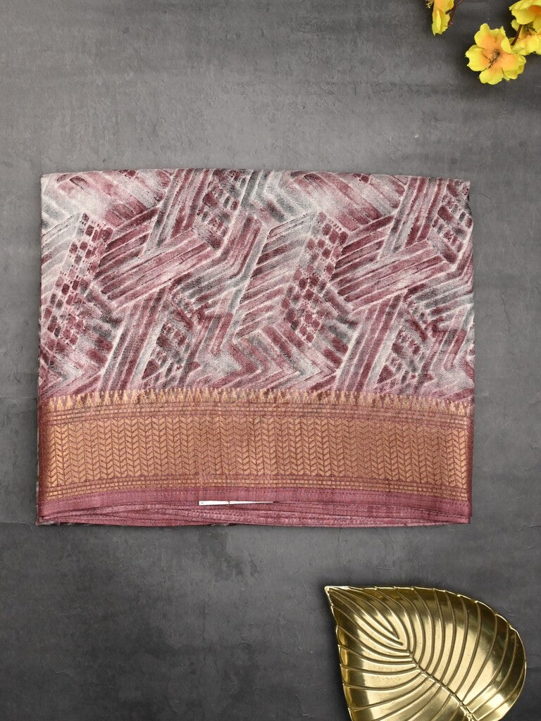 Dola silk fancy saree white and purple color allover prints & zari border with printed pallu and printed blouse